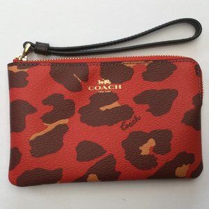 Coach NWT Authentic Woman's Corner Zip Wristlet Leopard Bright Poppy